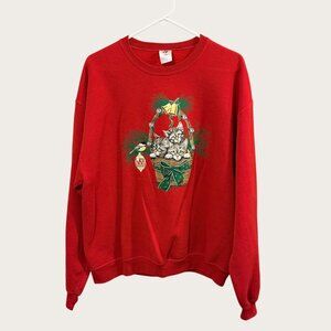 Vintage 1990s Red Christmas Sweatshirt Basket Cat Kittens Print Size Large
